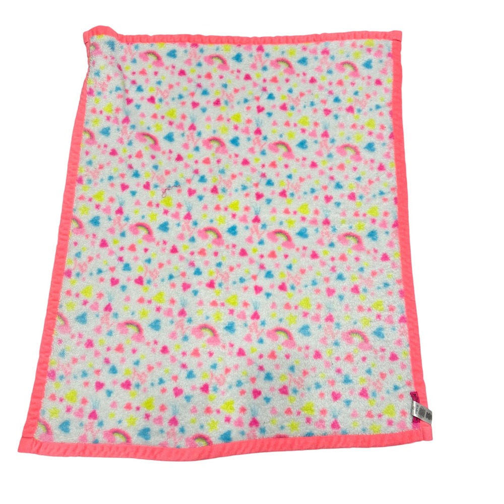 Betsey Johnson Kids Plush Fleece Rainbow Heart Star Blanket Neon Pink White
